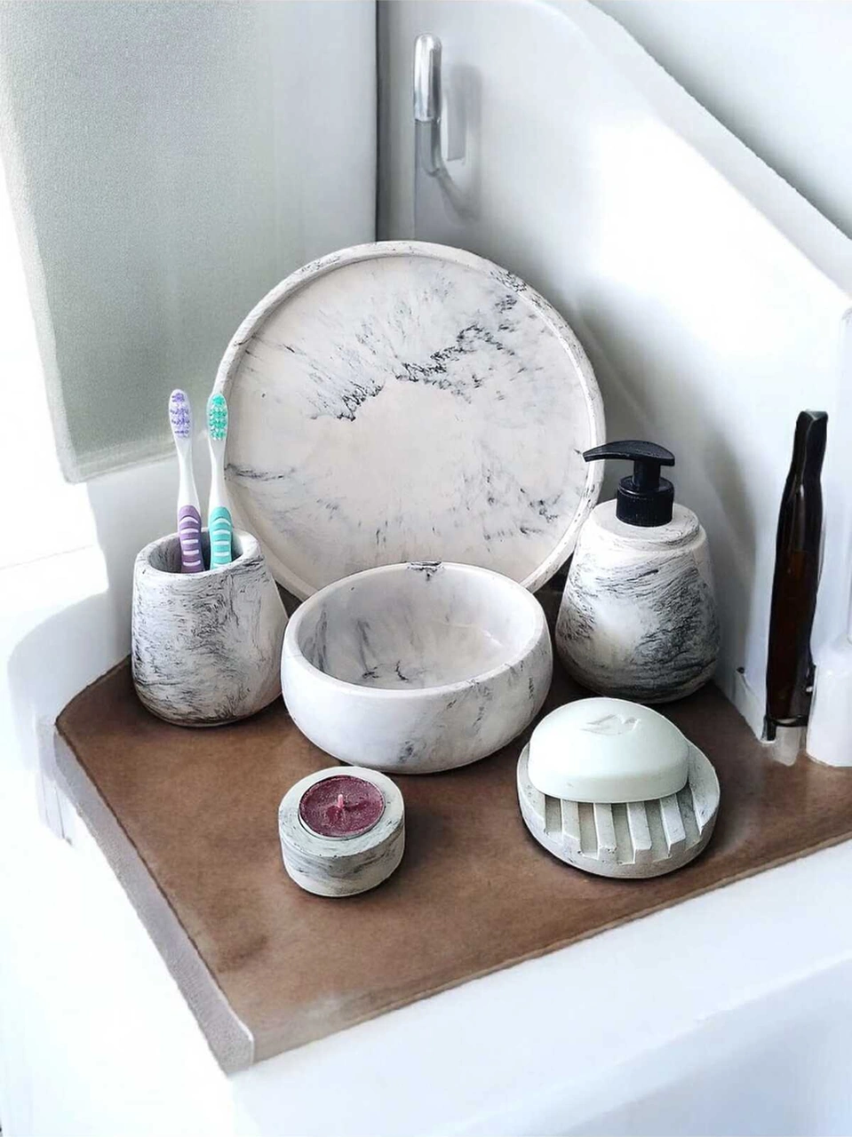 6'lı Mermer Desen Beton Banyo Seti, Sıvı Sabunluk Diş Fırçalığı Aksesuar Takımı Gri
