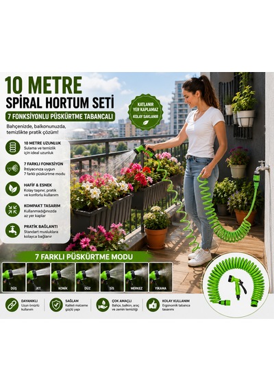 10 Metre Spiral Bahçe Hortumu Seti 7 Fonksiyonlu Püskürtme Tabancalı Sulama Ve Temizlik Seti Yeşil