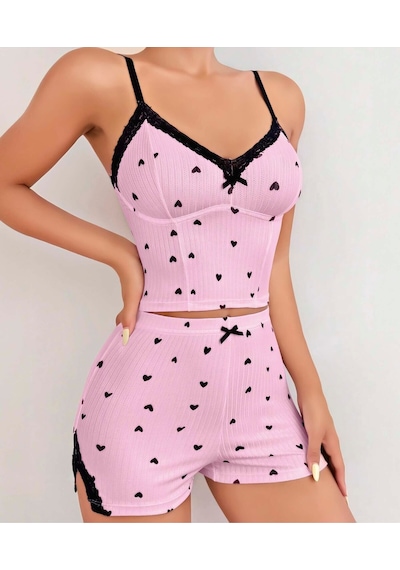 Jhena Siyah Şerit Detaylı Kadın Gecelik Takım, Rahat Ev Giyim Pijama Takım, Siyah - Fuşya