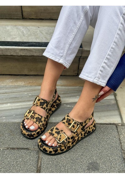 Erva'nın Butiği Leopar Jenny Gold Toka Detay Kadın Sandalet-5742