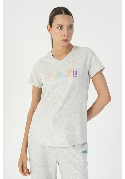 Maraton Regular Kadın V Yaka Ekru T-shirt Ekru