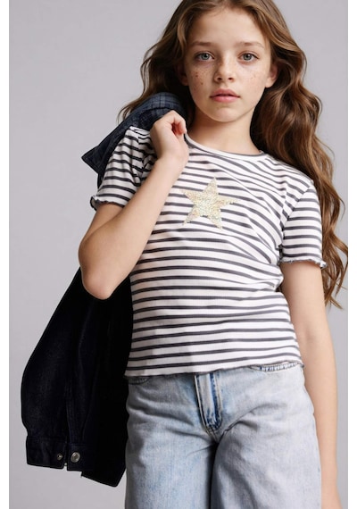 Defacto Yıldız Desenli Fitilli Kaşkorse Tişört Kız Çocuk H6956a826smgr449 Gri-gr449