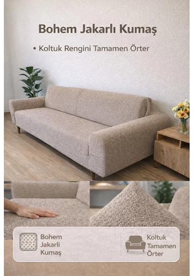 Bohem Desen Jakarlı 3 Kişilik Kanepe Örtüsü / Lastikli Koltuk Örtüsü /çekyat Örtüsü/ Koltuk Kılıfı Vizon Diğer