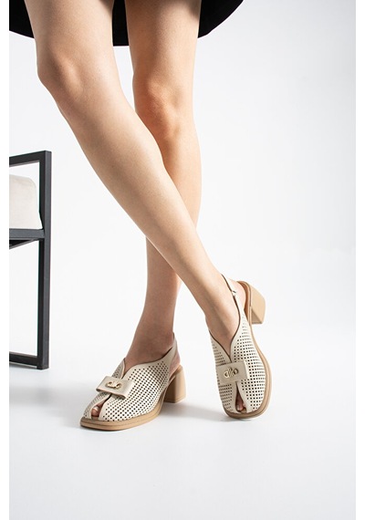 Dericia Shoes Allone Hakiki Deri Kadın Günlük Rahat Topuklu Sandalet Bej