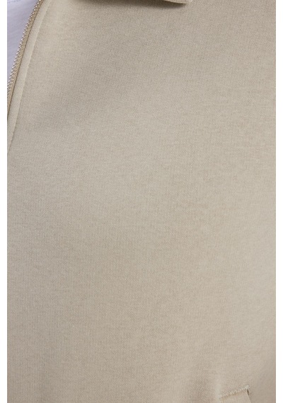 Tudors Unisex Relax Fit Rahat Kesim Pamuklu İçi Polarlı Fermuarlı Taş Polo Yaka Flato Cepli Sweatshirt Hırka-41969 Taş