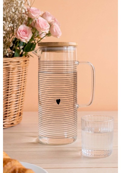 Heart Bambu Kapaklı Kulplu Cam Sürahi