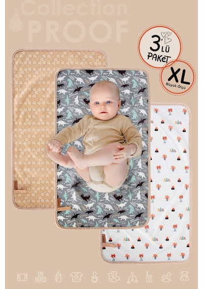 3lü Alt Açma Değiştirme Örtü Sıvı Geçirmez Koruyucu Alez Yıkanabilir Bebek Bakım Pedi XL BejGrup