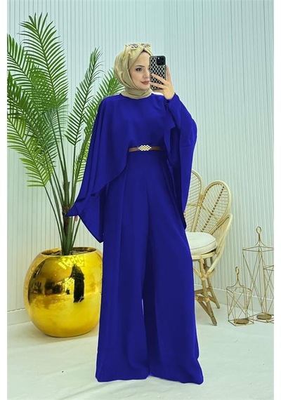 Neşeli Butik Kadın Pelerinli Kemer Detaylı Tesettür Tulum Nms061 Saks
