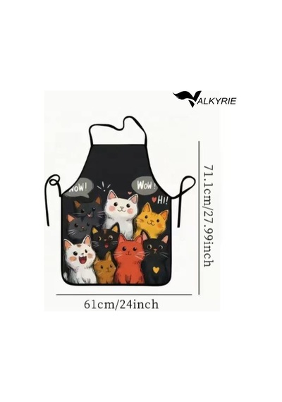 Valkyrie Kedi Desenli Mutfak Önlüğü Cepli Ayarlanabilir Askılı Unisex Mutfak Temizlik Önlüğü Siyah