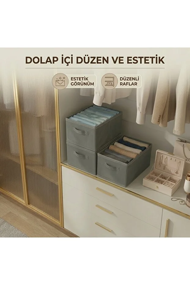 Lüks 1 Adet Katlanabilir Dolap İçi Düzenleyici Kutu 45x30x20 Cm Kıyafet Ve Giysi Organizer Saklama Kutusu Açık gri