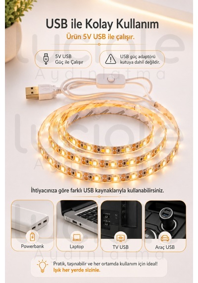 1 Metre 5v Usb Amber Şerit Led Aç Kapa Anahtarlı Mutfak Tv Arkası Masa Kamp Dekoratif Işık