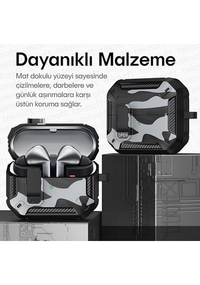 Galaxy Buds 3 Pro, Buds 3 Ve Buds 3 Fe İle Uyumlu Mandallı Kapak Kilit Sistemli Mat Dokulu Darbelere Dayanıklı Kamuflaj Silikon Kılıf Siyah