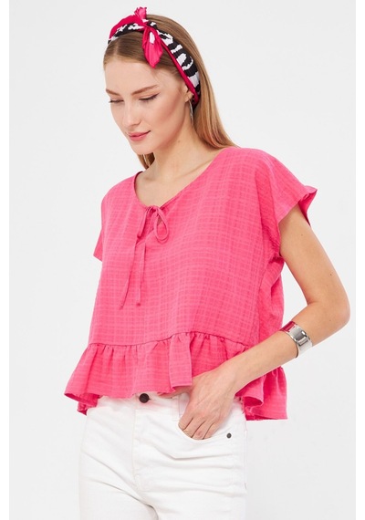 Armonika Kadın Fuşya Yarasa Kol Yakası Bağlamalı Eteği Fırfırlı Oversize Crop Bluz Arm-24y001088