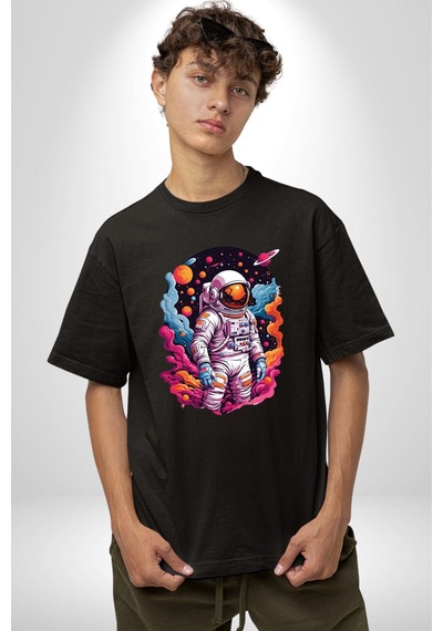Ay Mars Astronot Pamuklu Bisiklet Yaka Unisex Oversize Boyfriend Dijital Baskılı Siyah T-shirt Siyah