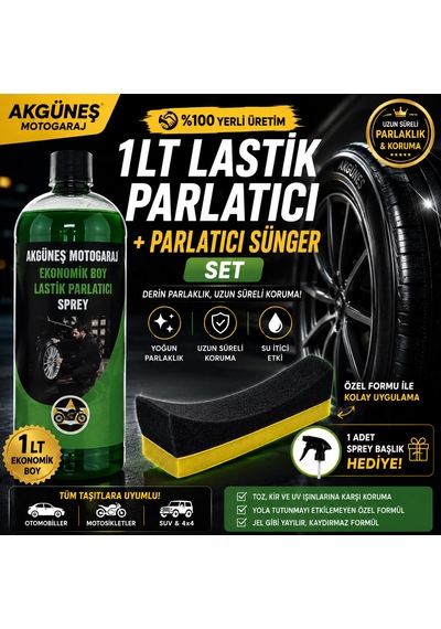 Akgüneş Motogaraj 1 Lt Lastik Parlatıcı + Lastik Parlatma Süngeri Seti Derin Parlaklık Ve Uzun Süreli Koruma