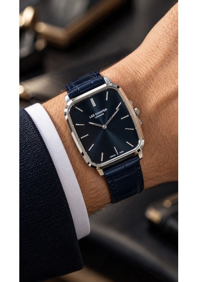 Lee Cooper Lacivert Deri Kayış Mavi Kadran 40 Mm Dikdörtgen Erkek Kol Saati, Bileklik Hediyeli Gümüş