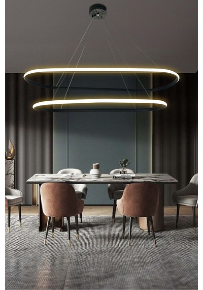 Modern Siyah Yemek Masa Avizesi, 3 Renk Led Aydınlatmalı, Modern Salon Avizesi,ofis Led Avizesi Siyah