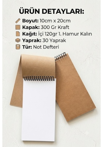 Premium Kraft Kapaklı Not Defteri 10x20 Cm, 120 Gr Kalın Yaprak, 30 Yaprak