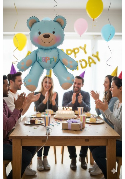 51x54 Cm Oturan Ayı Mavi Folyo Balon - Doğum Günü Parti Dekorasyon Balonu Çok Renkli