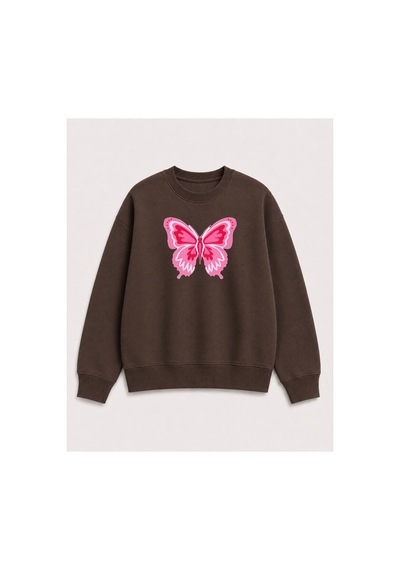 Herkesemoda Kelebek Baskı Detaylı Şardonlu 2 İplik Bisiklet Yaka Sweatshirt Kahverengi