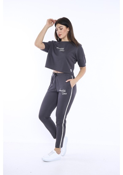 Kadın-alt-üst T-shirt Takım, Rahat Kesim-3827 - S Füme