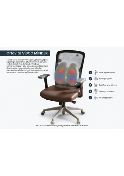 Yeni Nesil Visco Ortopedik Ergonomik Kaymaz Taban Terlemez Sırt Minderi Ofis, Ev, Araç Bel Destek Minderi Gri Rahat Duruş Ortopedik