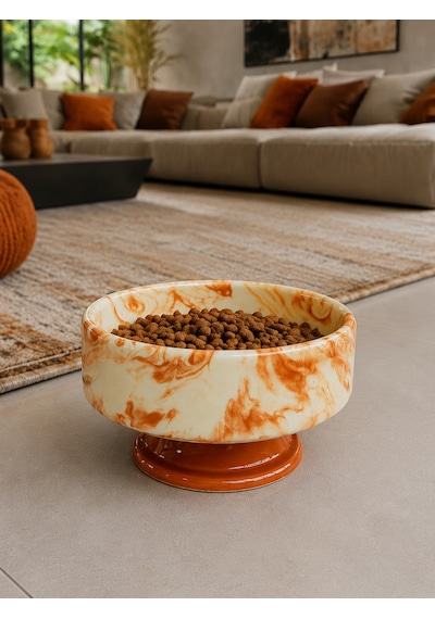 Mama Kabı Kedi Ve Köpek 1 Adet Doğal Mama Veya Su Kabı Kahverengi Marble