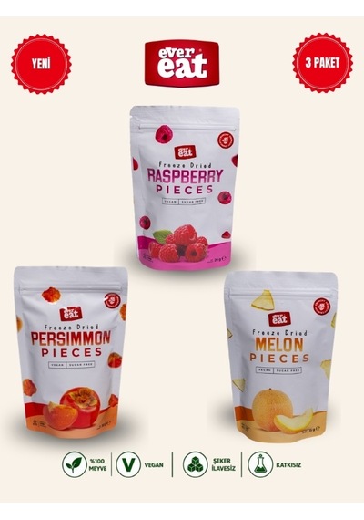 Evereat Frambuaz-cennet Hurması-kavun Freeze Dry Meyve Cipsi 3'lü Paket Doğal Atıştırmalık 1 Adet