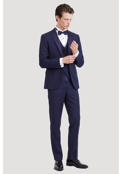 Ac&Co / Altınyıldız Classics Erkek Lacivert Slim Fit Dar Kesim Mono Yaka Desenli Yelekli Smokin Takım Lacivert