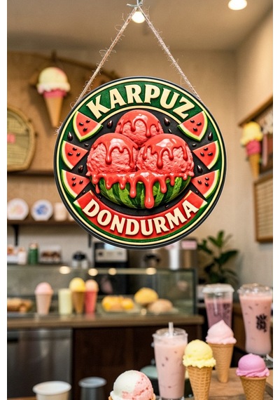 Karpuz Dondurma Görselli Ahşap İpli Kapı Duvar Süsü Yazlık Cafe Dekoratif Pano