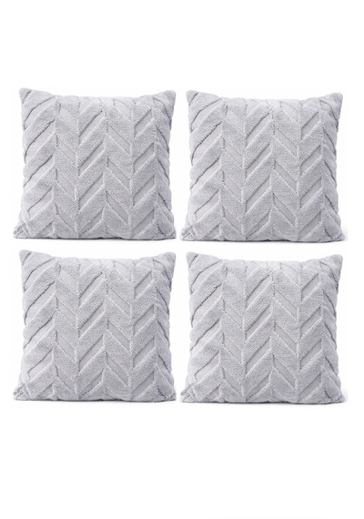 Peluş Dekoratif Kırlent Kılıfı İskandinav Zigzag-balıksırtı 4 Lü Set 42x42 Cm Açık Gri