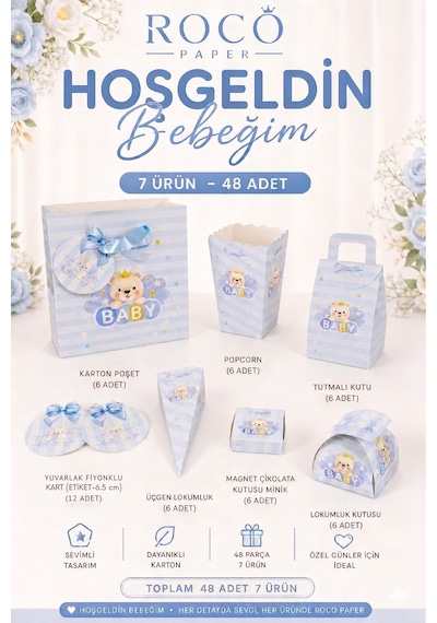 Mavi Ayıcıklı Hoşgeldin Bebeğim Hediyelik Seti, Baby Shower Ve Doğum Günü İkram Seti,7 Ürün-48 Parça 0 - 20 Ay