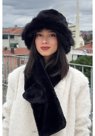 Mollycrush Peluş Rus Tarzı Bucket Kalpak Kadın Şapka Atkı 2'li Set Siyah
