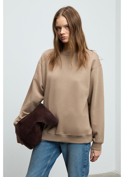 Grımelange KARIUS Kadın Organik Pamuklu İçi Polarlı Oversize Yuvarlak Yakalı Açık Kahverengi Sweatshirt