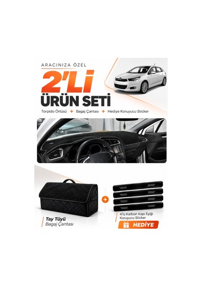 E-biz Cıtroen C4 2011-2020 Uyumlu Torpido Örtüsü + Tay Tüyü Bagaj Çantası Seti - Siyah - Cı008
