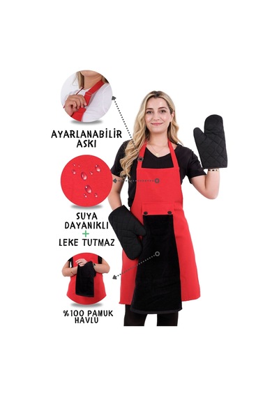 Star Çift Eldivenli Set Ayar Askılı 4lü Mutfak Önlüğü Seti 2 Eldiven Kırmızı-siyah-siyah