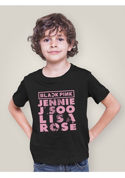 Sevbano Blackpink Müzik Grubu Baskılı Unisex Çocuk Tişört 1-12 Yaş Siyah