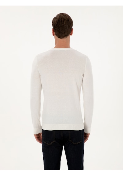 Cacharel Ekru Slim Fit Pamuk Karışımlı Bisiklet Yaka Triko Kazak Bej