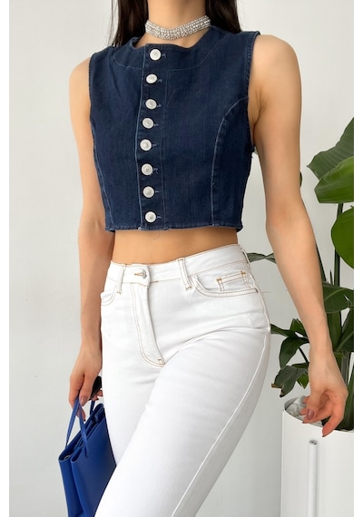 Femelle Kadın Denim Düğmeli Crop Kot Kolsuz Bluz Mavi