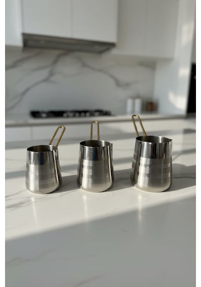 Paslanmaz Çelik Gold Kulp Detaylı Desenli Cezve Takımı Standlı