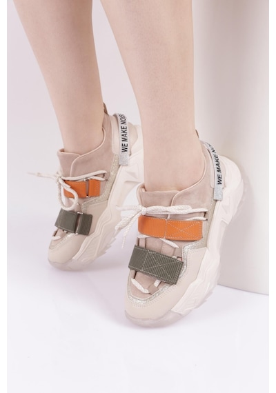 Dgn 65140-22y Kadın Mega Kalın Taban Simli Cırtlı Sneakers Ayakkabı 65140-2027-R8063 Bej