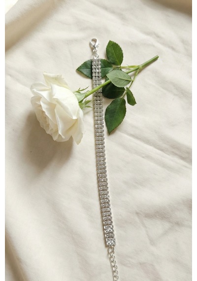 Valmont Accessories 16+2 Cm Ayarlanabilir Beyaz Taşlı Işıltılı 3 Sıra Su Yolu Kadın Bileklik Gümüş