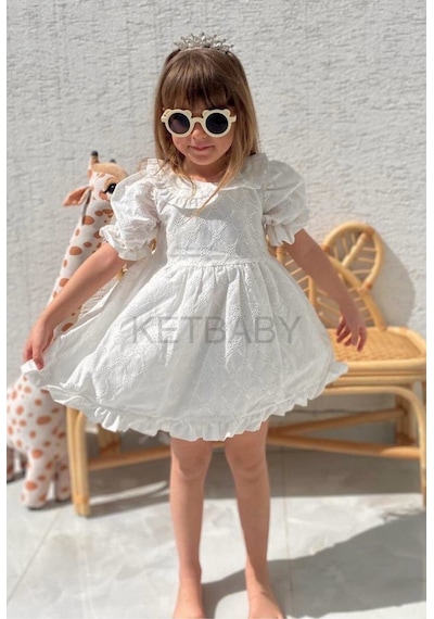 Ketbaby Kız Çocuk Full Fisto Fiyonk Detaylı Bebe Yaka Elbise Beyaz Beyaz