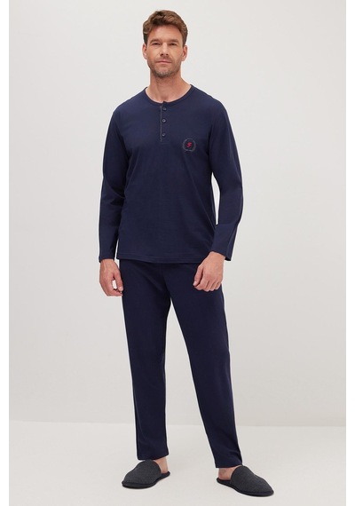 Tudors Erkek Standart Fit %100 Pamuk Bisiklet Yaka Beli Lastikli Lacivert Pijama Takımı-37948 Lacivert