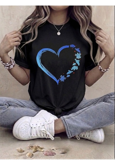 Mavi Kalp Baskılı Kompak T-shirt Siyah