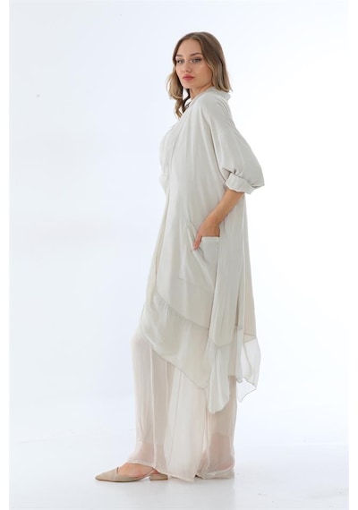 Bohem Stil Italyan Ipek Detaylı Oversize Kap Bluz- Wes Pantolon Takım-8789 Bej