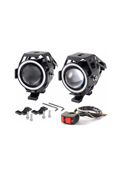 U7 Motosiklet Sis Farı Mercekli Büyük Kafesli Beyaz Angel Işıklı Led 2 Adet Led + 1 Anahtar