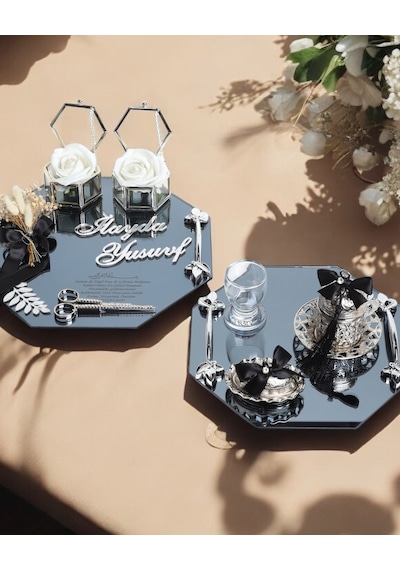 Affinity Sekizgen Gümüş Söz Nişan Tepsisi Ve Damat Kahve Fincan Tepsisi Siyah Siyah