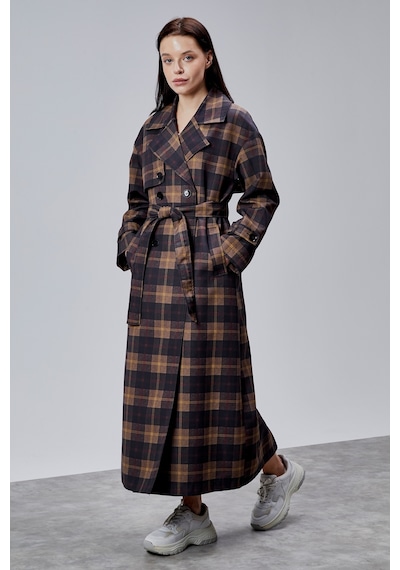 Elora Lacivert Ekose Detaylı Premium Oversize Trençkot 46650 Lacivert-haki