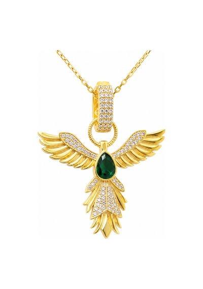 Premium Parlak Ve Şık Gold Renk Zümrüt Taşlı Anka Kuşu Kadın 925 Ayar Gümüş Kolye 45 Cm Altın